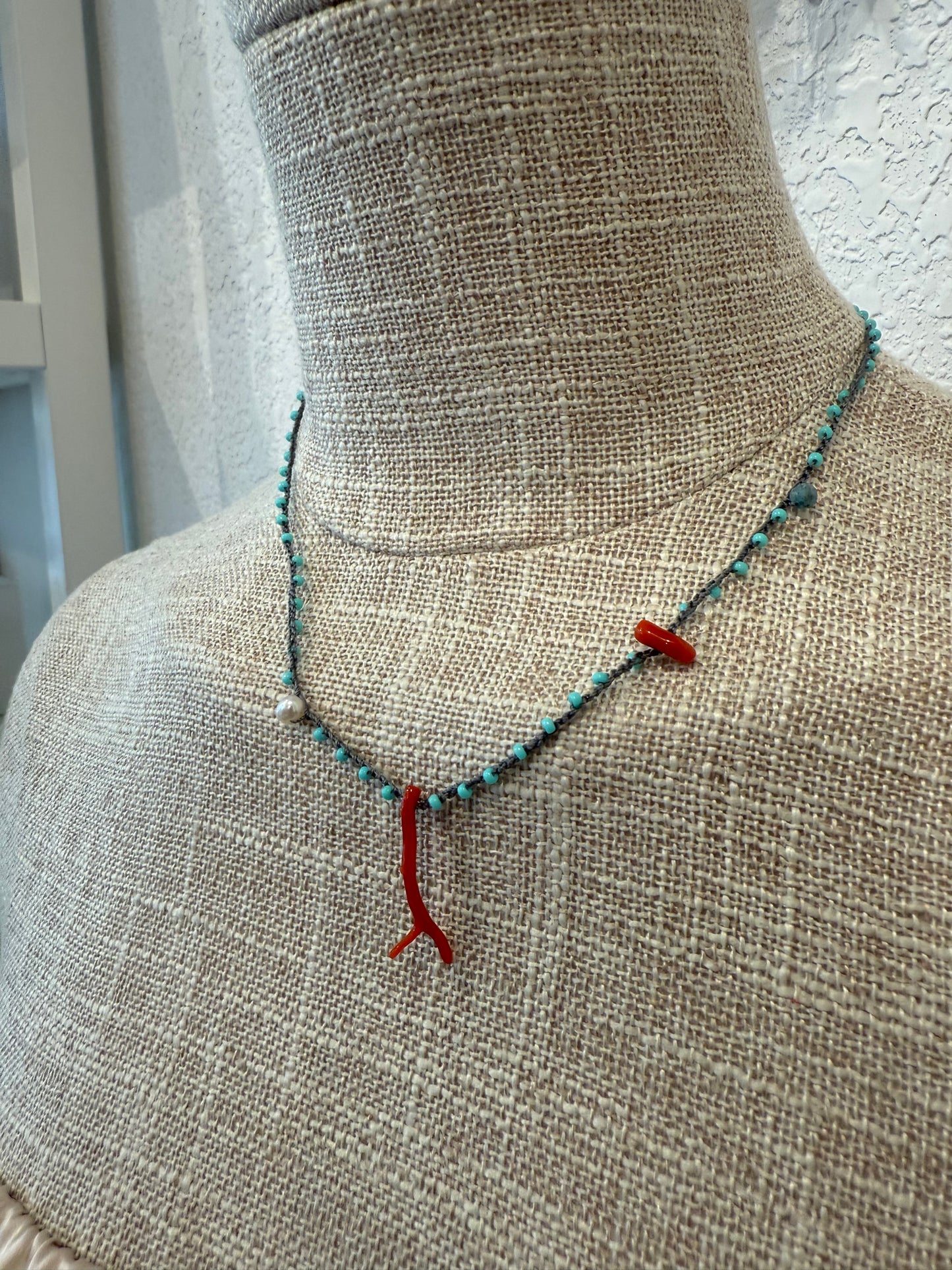 SEA BLUE & CORAL ROSARIO NECKLACE
