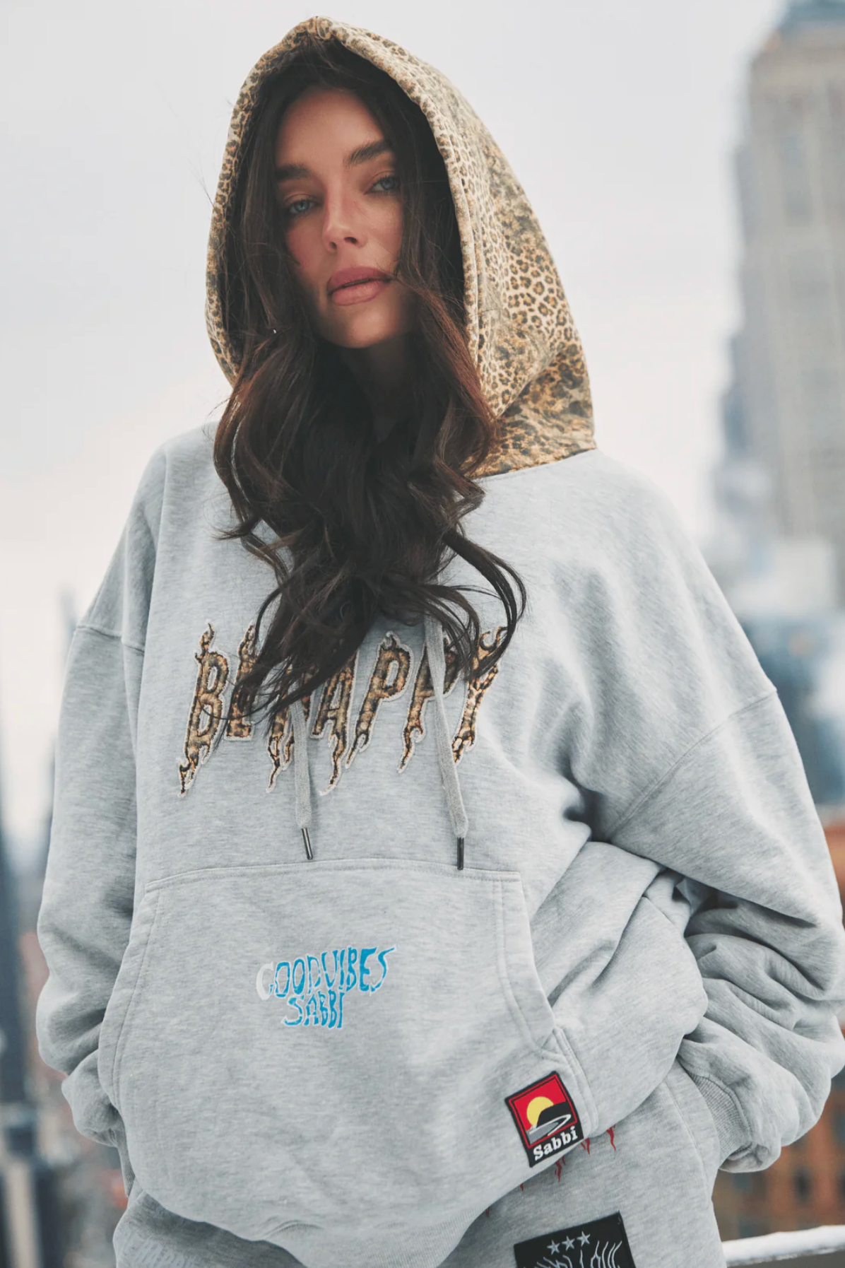 BE HAPPY LONG SLEEVE LEOPARD HOODIE