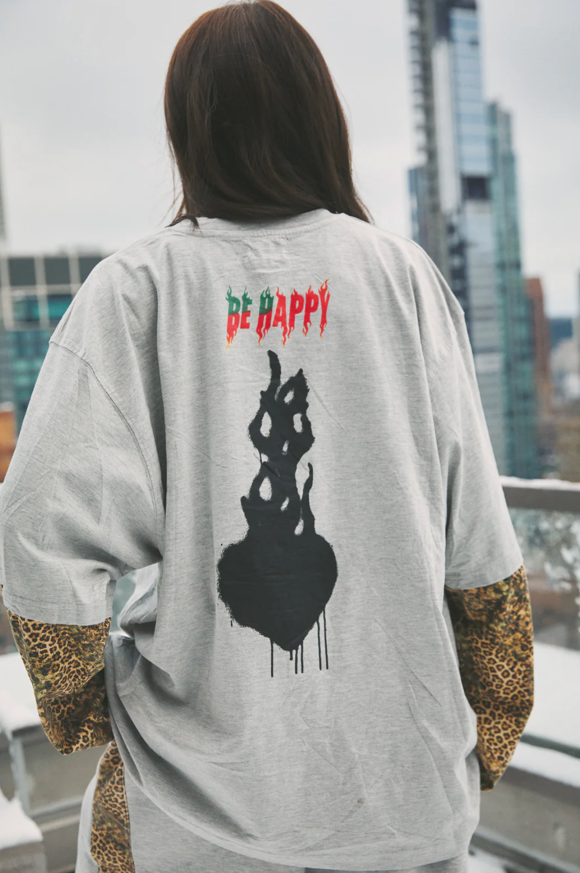 BE HAPPY LONG SLEEVE LEOPARD TEE